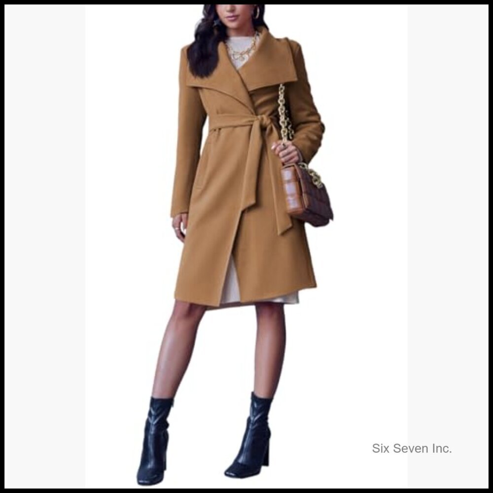 Polyester Pea Trench Coat Lapel Collar Long Jacket Belted Overcoat - Picture 5 of 7
